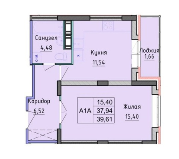 1-комн.квартира 39,61 кв.м. 2/9 эт