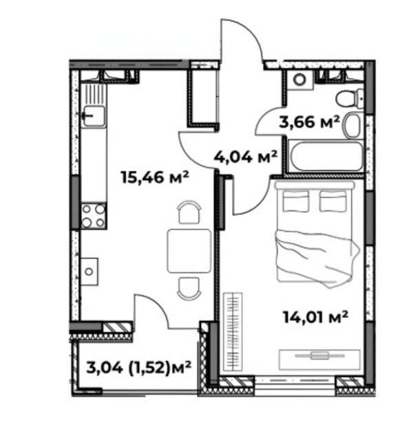 1-комн. квартира 38,69 кв.м. 4/8 эт