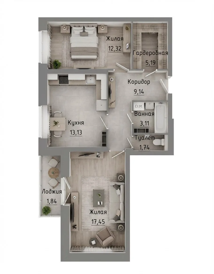 2-комн.квартира 63,93 кв.м. 7/16 эт.