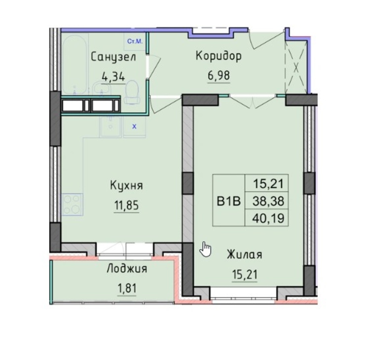 1-комн. квартира 40,19 кв.м. 6/16 эт