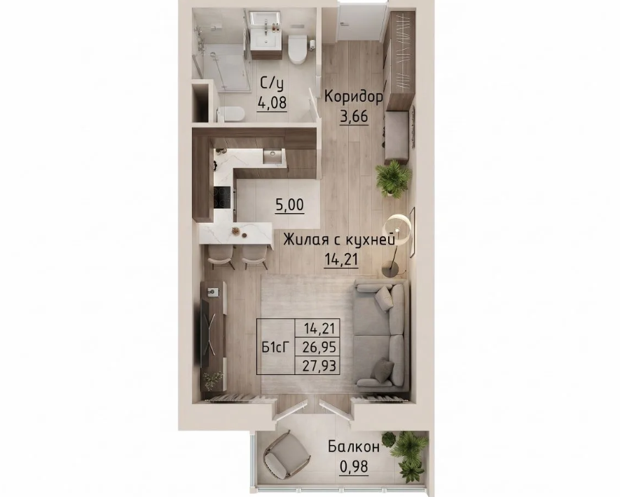 Студия, 27,93; 3 этаж