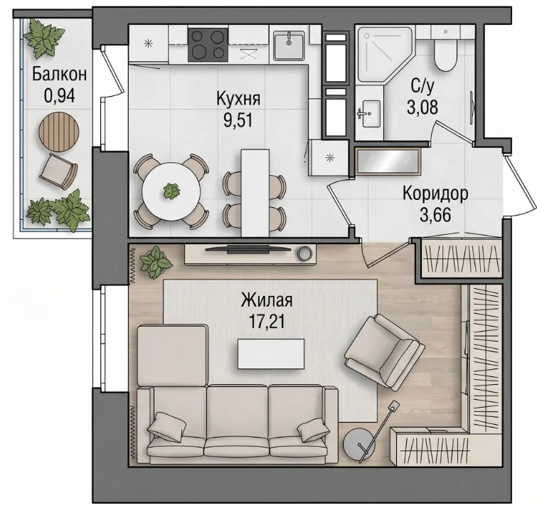 1 комн квартира, 33,95 м2; 7 этаж