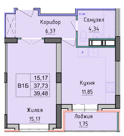 1-комнатная квартира, 39,48 м² , ЖК Рассвет