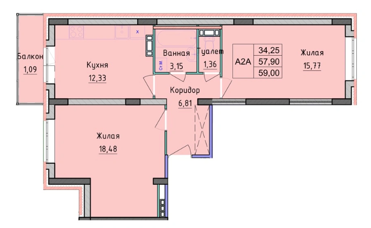 2-комнатная квартира 59,73 м² ЖК Рассвет