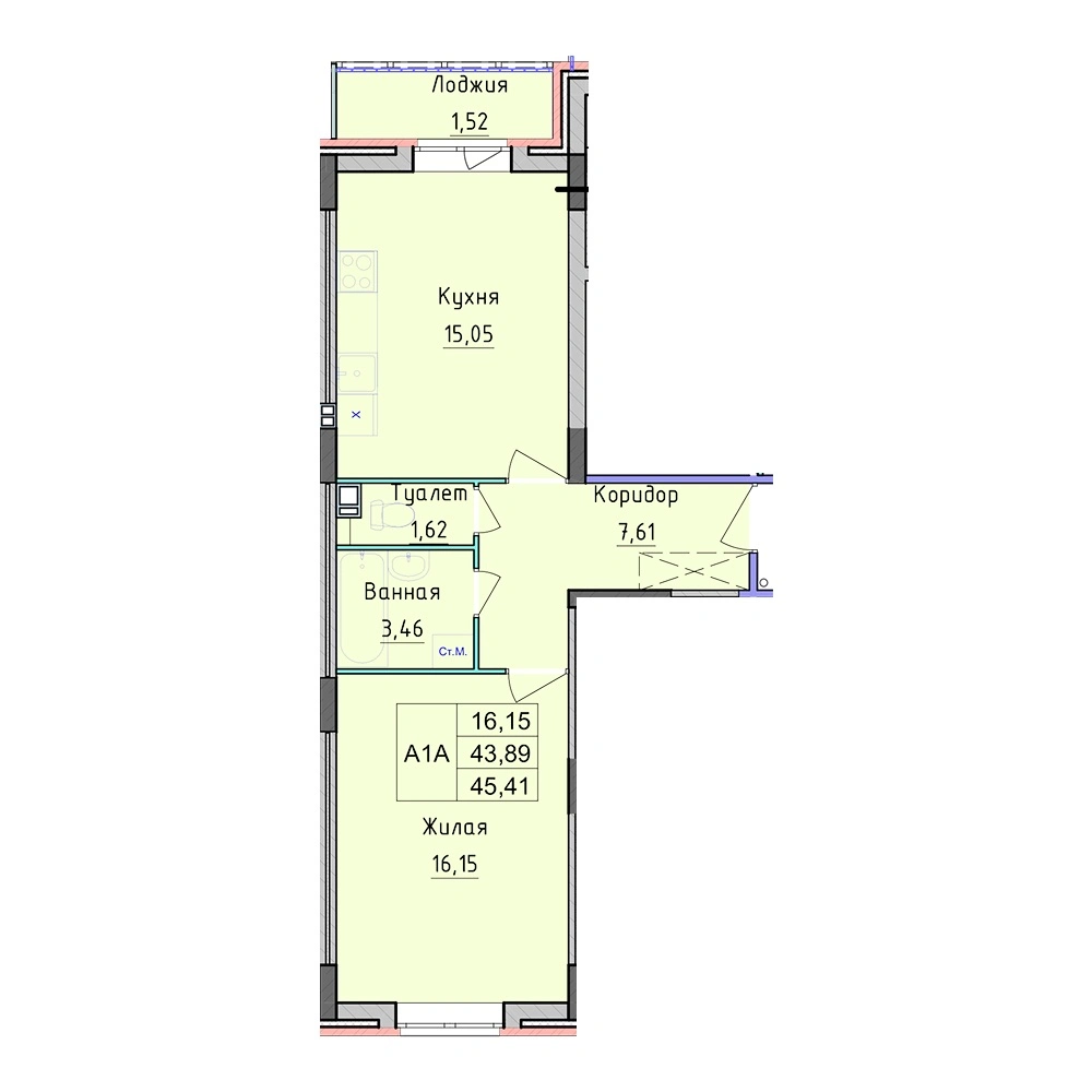 1-к. квартира,45,41 м², 1/8 эт.
