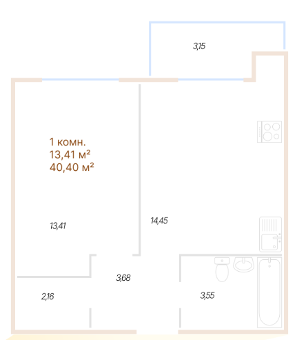 1- комнатная квартира 40,40 м², 1 этаж ЖК Софиты