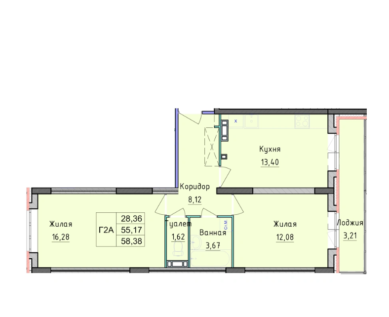2-к квартира 58,38 кв.м