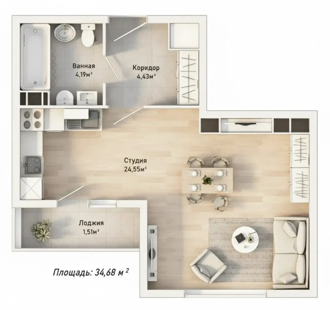 Квартира студия 35м2 в ЖК Рассвет