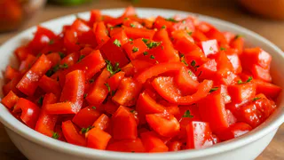 Просто измельчаю сладкий перец и заливаю помидоры : это невероятно вкусный салат