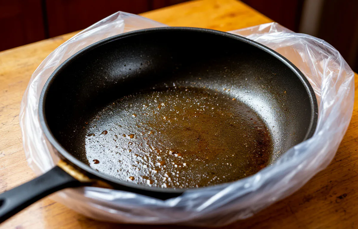 Кладу сковороду в полиэтиленовый пакет, нагар отлетает в миг, больше ничего не прилипает — любуюсь отражением