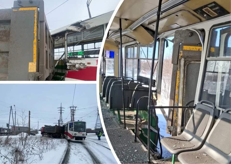 В Магнитогорске водитель грузовика влетел в трамвай из-за заноса