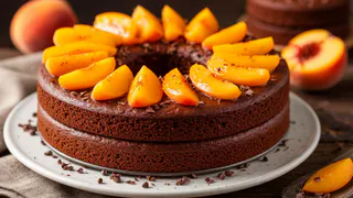 Торт «Лёгкость» на йогурте: воздушный, нежный, тает во рту как сахарная вата - с шоколадным бисквитом и персиками
