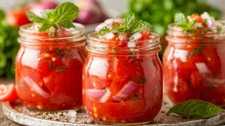 Салат из помидоров с луком: закрываю без стерилизации, а зимой он съедается первым — делюсь секретом быстрой закрутк