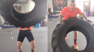 Рязанский тренер предлагает перебросить через себя огромную покрышку. Она весит 76 килограмм