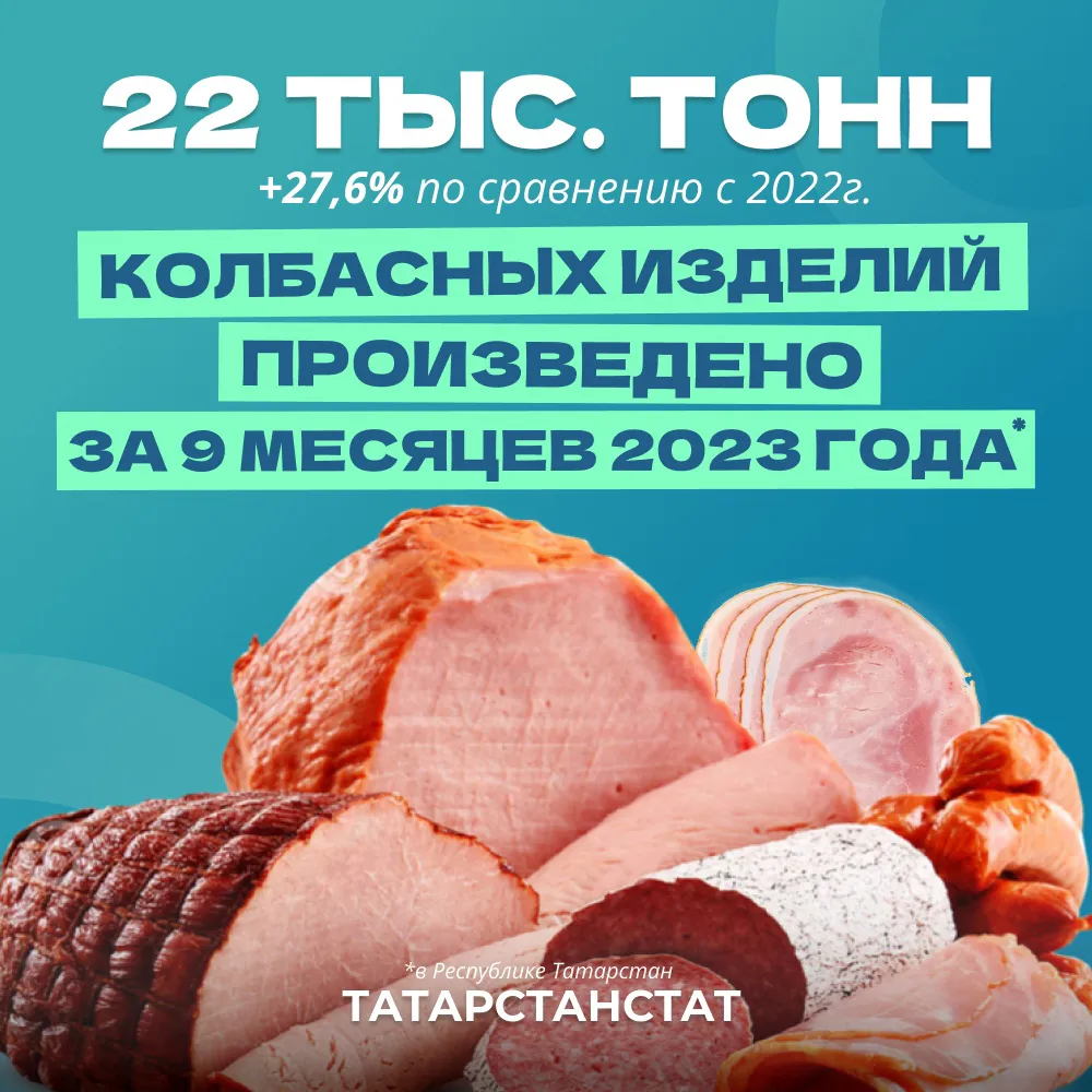 За 9 месяцев в Татарстане произведено 22 тыс. тонн колбасных