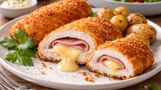 Разрезаю куриное филе — внутри прячу сыр и ветчину: на сковороде получается ресторанный кордон блю с тянущейся начинкой