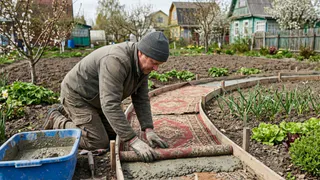 Надоело каждый год менять щербатую плитку: превратил ненужный ковер в надежный фундамент для садовых дорожек 