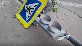 В Рязани из-за сильного ветра снесло дерево и столб. Есть видео мини коллапса