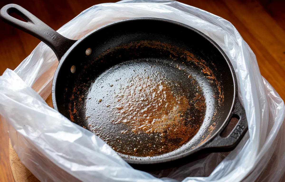 Кладу сковороду в полиэтиленовый пакет, нагар отлетает в миг, больше ничего не прилипает — любуюсь отражением