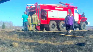 У деревни Поплевино горела трава - пожарным помогали местные жители