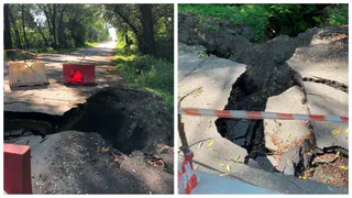 Трещины и обвал: ливень размыл дорогу в Сапожковском районе