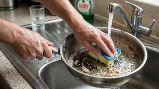 Два пакетика заливаю кипятком, и сковородка как новая: ни следа жира и нагара