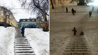 Радуются только дети: лестница на Праволыбедской превратилась в горку