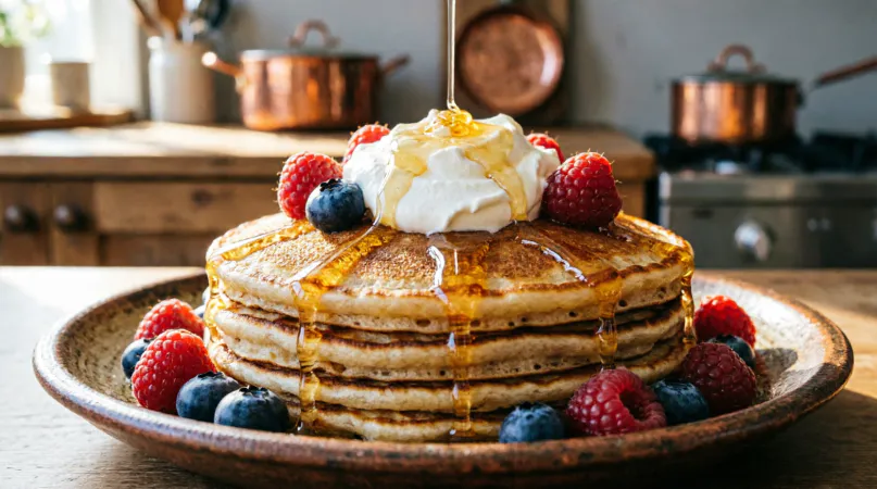 Оладьи «По-деревенски» с бананом: без дрожжей, но вздуваются на сковороде. Берем кефир, соду и яйца