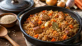 Перловку замачивают с вечера и томят вместе с мясом: крупа получается рассыпчатой и впитывает всю подливу