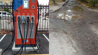 К пункту зарядки для электрокаров на улице Советской Армии в Рязани ведет разбитая дорога