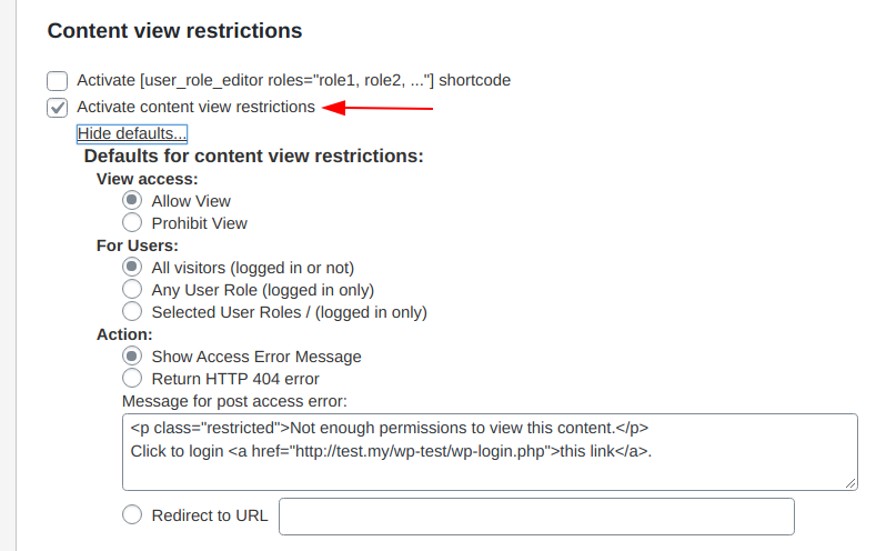 Content view access restrictions settings