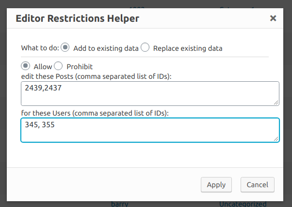Edit access restriction bulk actions helper dialog