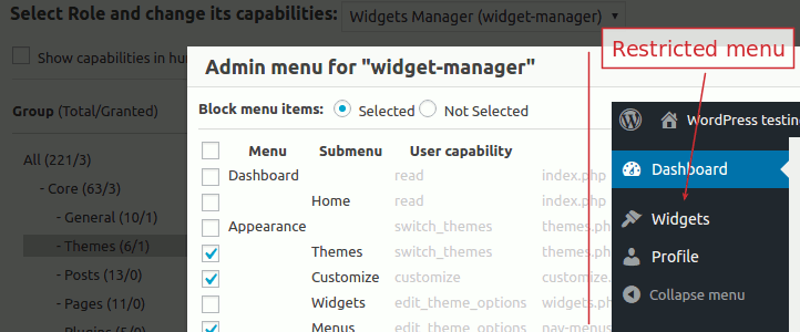 User Role Editor Pro - Block admin menu items