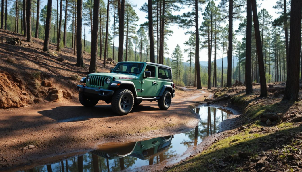 Джип едет по лесу