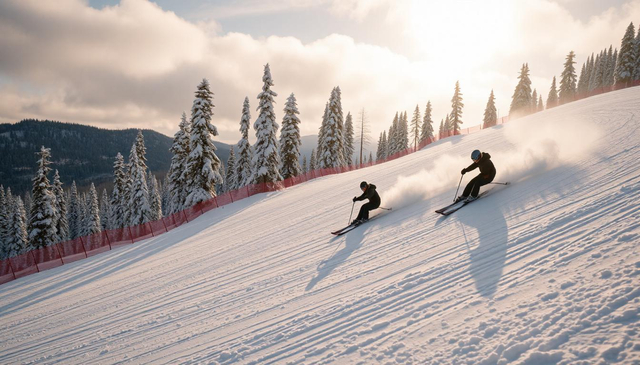 Лыжники едут по склону