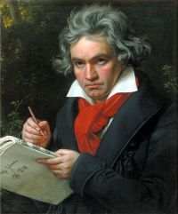 Портрет Бетховена с партитурой Missa Solemnis («Торжественная месса») кисти Карла Штилера, 1820. Картина, выполненная в идеализированной манере как отражение иделистического духа новой эпохи, оказывает и по сей день значительное влияние на образ Бетховена.