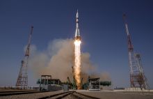 Запуск российской ракеты Союз МС-18 с космодрома Байконур, 9 апреля 2021 года