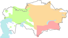 Карта Младшего (зелёный цвет), Среднего (оранжевый) и Старшего (розовый) жузов (групп племенных объединений) в начале XX века