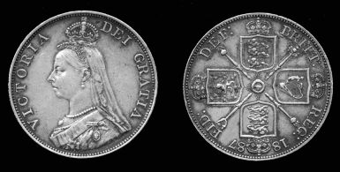Серебряный двойной флорин королевы Виктории, датированный 1887 годом