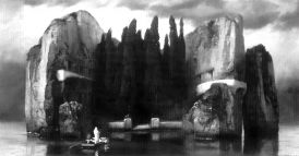 Чёрно-белая репродукция картины Арнольда Бёклина «Остров мёртвых».