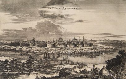 «Вид города Астрахани»[29]. Изображение корабля «Орёл» на гравюре из книги о путешествиях Яна Стрюйса. Амстердам, 1681 год