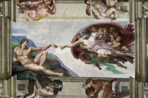 Сотворение Адама (потолок Сикстинской капеллы). Фреска. Ватикан, Рим, Италия