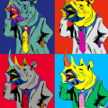 Яванский носорог в деловом костюме, громко кричащий и прижавший руки к щекам при виде обвала цен на акции. Написан в стиле Энди Уорхола