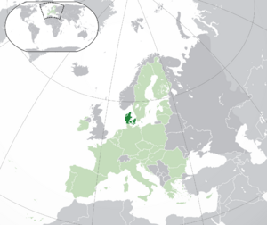 Расположение Дании (тёмно-зелёный): — в Европе (светло-зелёный и тёмно-серый) — в Европейском союзе (светло-зелёный)