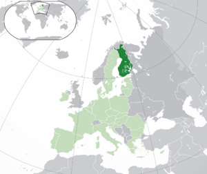 Расположение Финляндии (тёмно-зелёный): — в Европе (светло-зелёный и тёмно-серый) — в Европейском союзе (светло-зелёный)