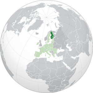 Расположение Финляндии (тёмно-зелёный): — в Европе (светло-зелёный и тёмно-серый) — в Европейском союзе (светло-зелёный)