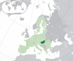 Расположение Венгрии (тёмно-зелёный): — в Европе (светло-зелёный и тёмно-серый) — в Европейском союзе (светло-зелёный)