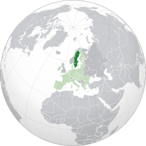 Расположение Швеции (тёмно-зелёный): — в Европе (светло-зелёный и тёмно-серый) — в Европейском союзе (светло-зелёный)