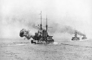 Japanese battleship Shikishima on Battle of the Yellow Sea.jpg