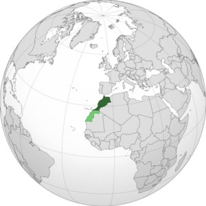Светло-зелёным выделены спорные территории Западной Сахары, аннексированные как южные провинции; часть Западной Сахары контролирует Сахарская АДР, также претендующая на всю территорию